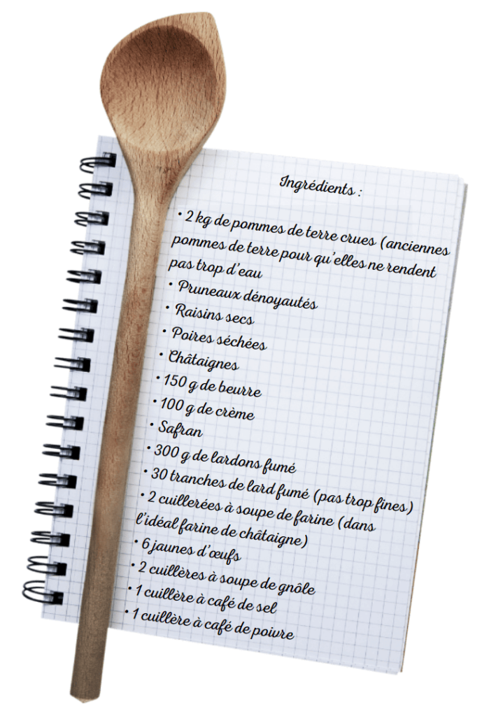 Ingrédients : • 2 kg de pommes de terre crues (anciennes pommes de terre pour qu’elles ne rendent pas trop d’eau • Pruneaux dénoyautés • Raisins secs • Poires séchées • Châtaignes • 150g de beurre • 100g de crème • Safran • 300 gr de lardons fumé • 30 tranches de lard fumé (pas trop fines) • 2 cuillerées à soupe de farine (dans l’idéal farine de châtaigne) • 6 jaunes d’œufs • 2 cuillères à soupe de gnôle • 1 cuillère à café de sel • 1 cuillère à café de poivre