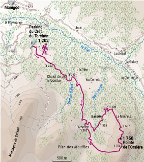 Tracé de la randonnée à la pointe d'Orsière depuis Manigod dans les Aravis