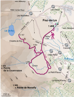 Tracé de la randonnée à la Combe de Marcelly dans le Chablais