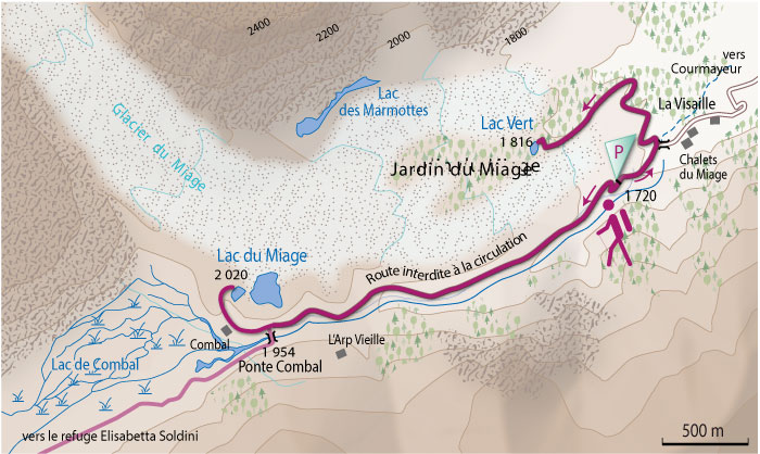 Tracée de la randonnée des lacs du Miage et Vert 